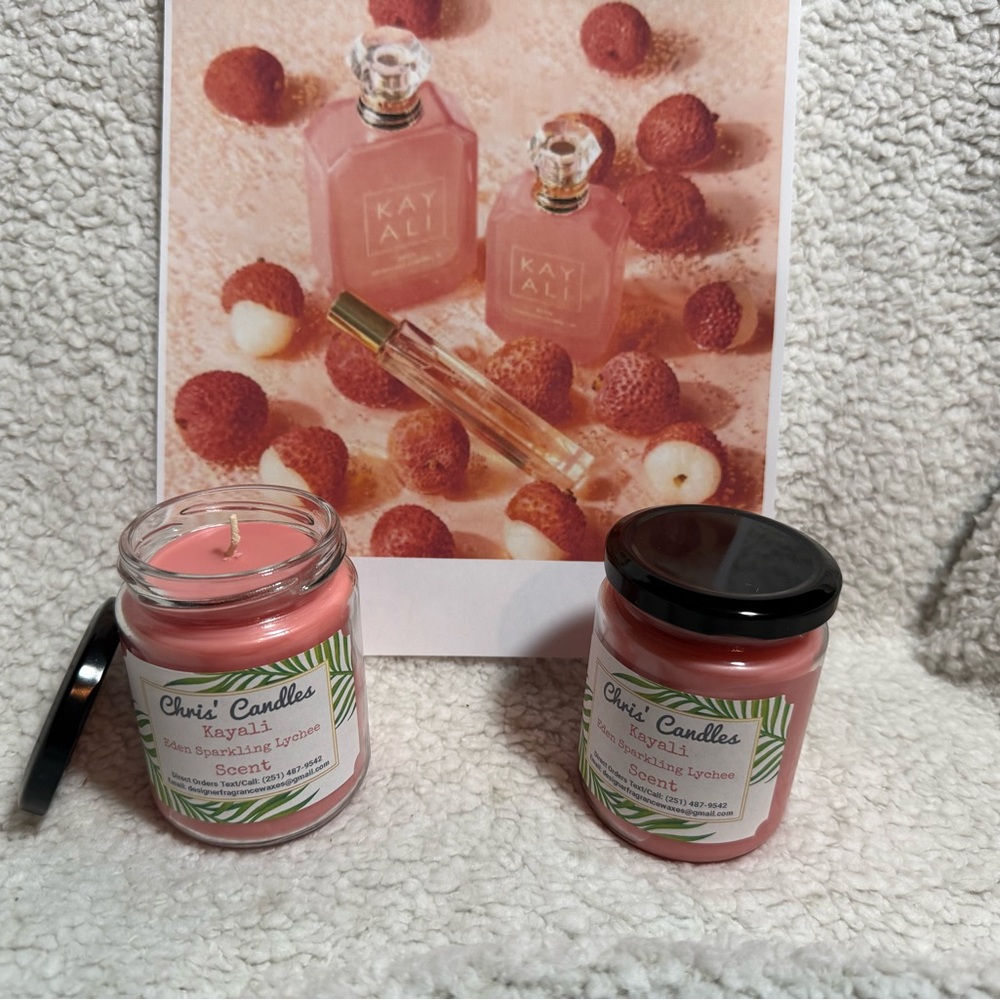 Two 8oz Kayali Eden Sparkling Lychee Scent Candles (type)